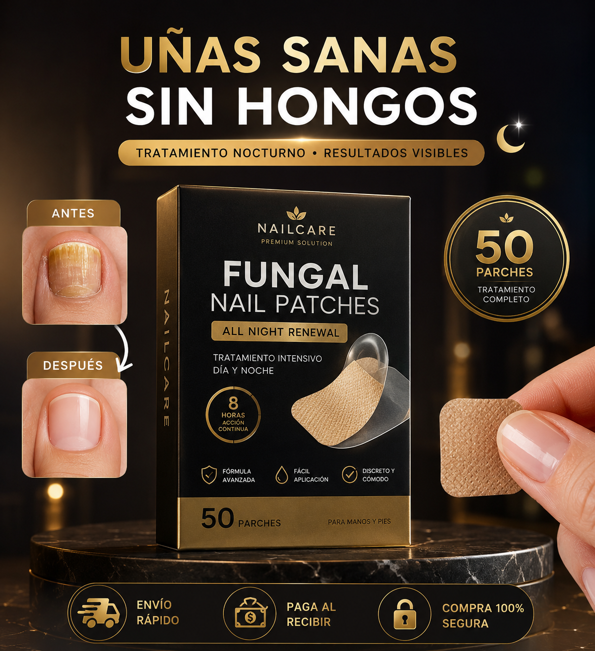 ¿Uñas amarillas o con hongos? Recupéralas mientras duermes - Parches Antihongos Uñas 50 unidades