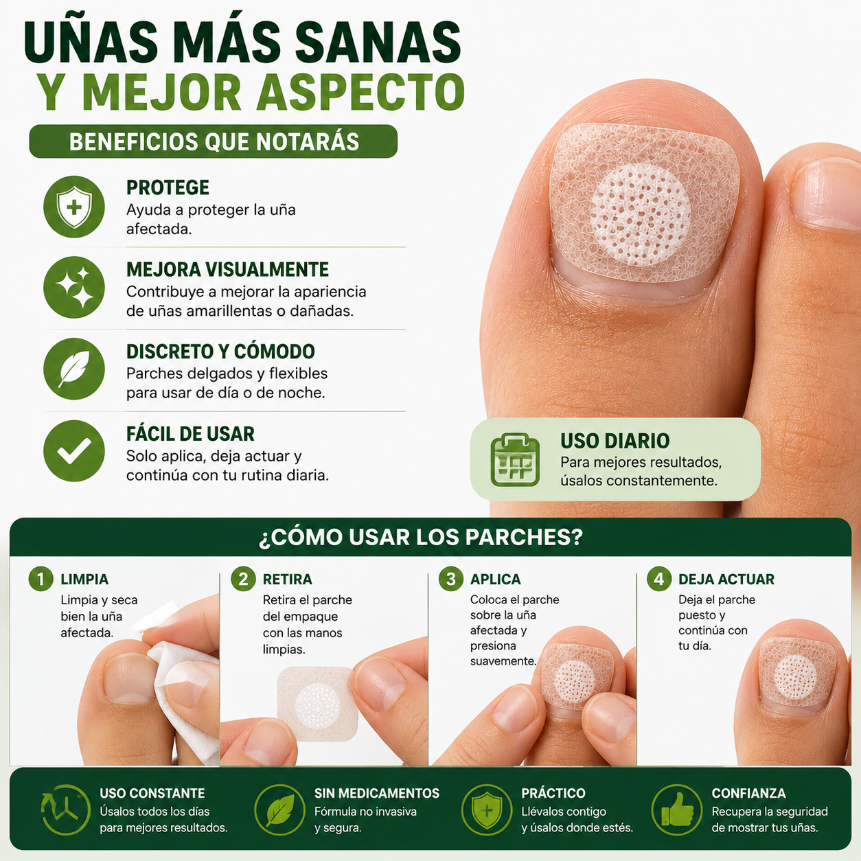 ¿Uñas amarillas o con hongos? Recupéralas mientras duermes - Parches Antihongos Uñas 50 unidades
