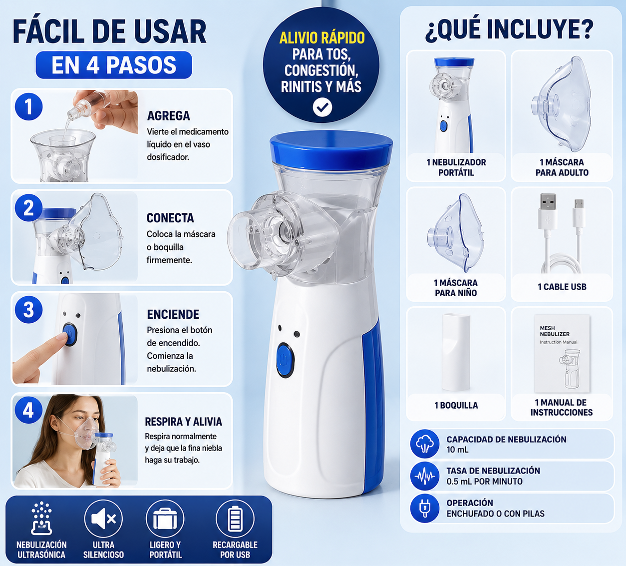 Nebulizador Ultrasónico 🫁 Alivio Práctico Para Toda La Familia